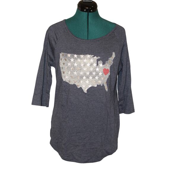 Tailgate USA Stars Heart Graphic Baseball Tee Gray 3/4 Sleeve Shirt Size M - Picture 1 of 3